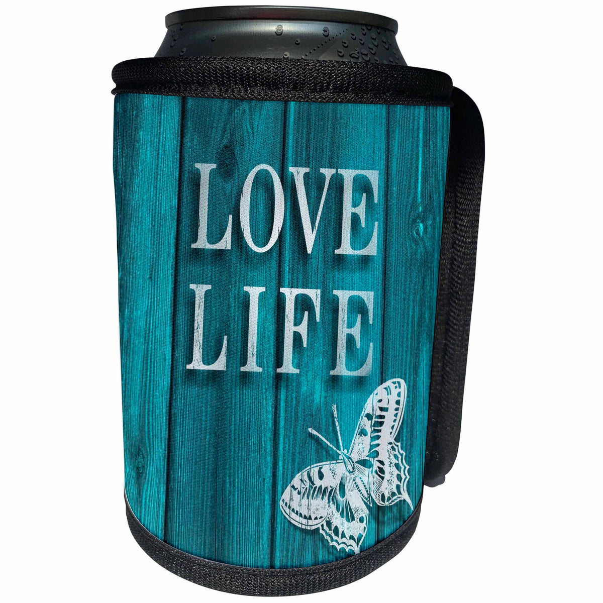 3dRose Russ Billington Designs - Teal Wood Effect Design with words Love Life and Butterfly - Can Cooler Bottle Wrap (cc_241034)