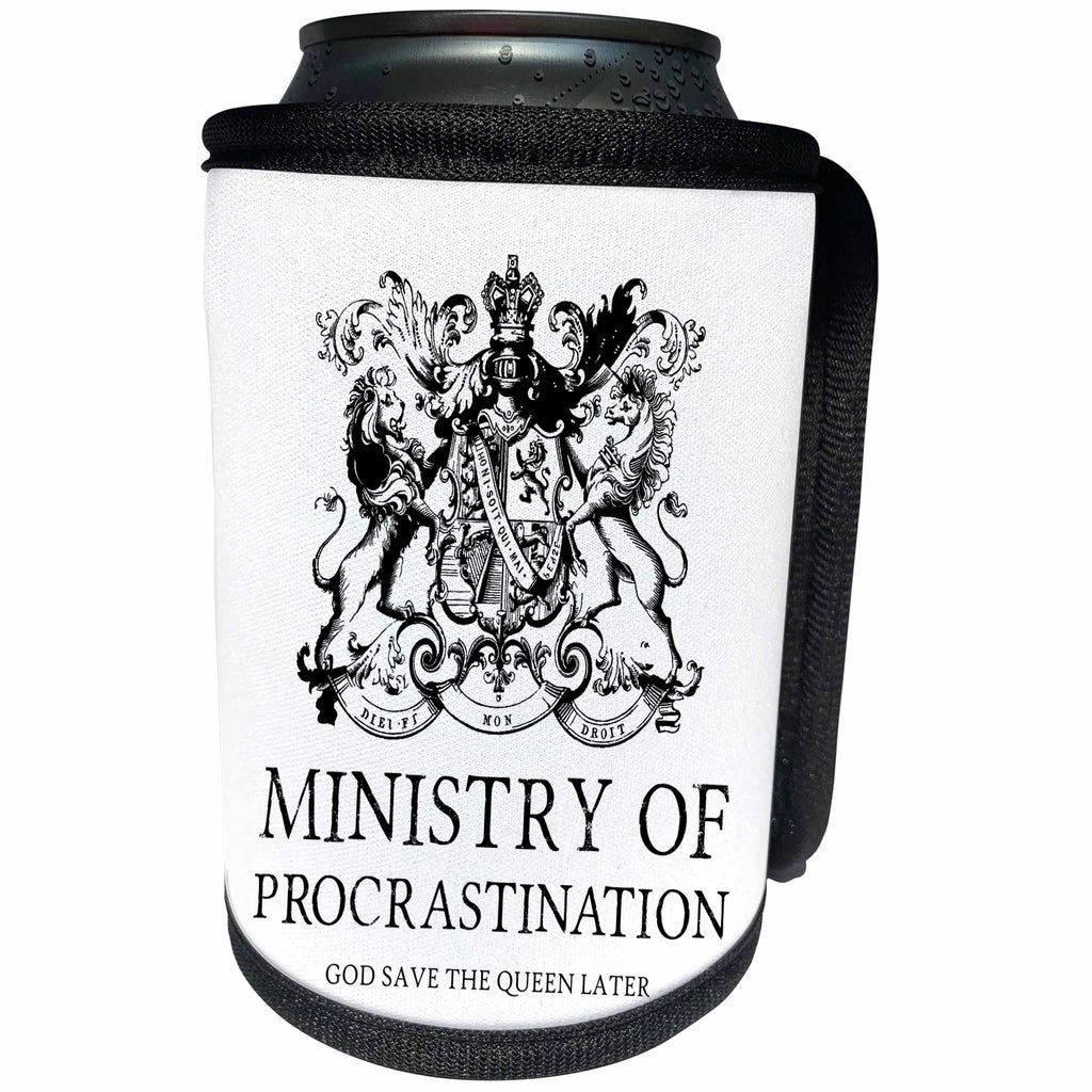 3dRose Russ Billington Designs - Ministry of Procrastination- Funny British Humor - Can Cooler Bottle Wrap (cc_241038)