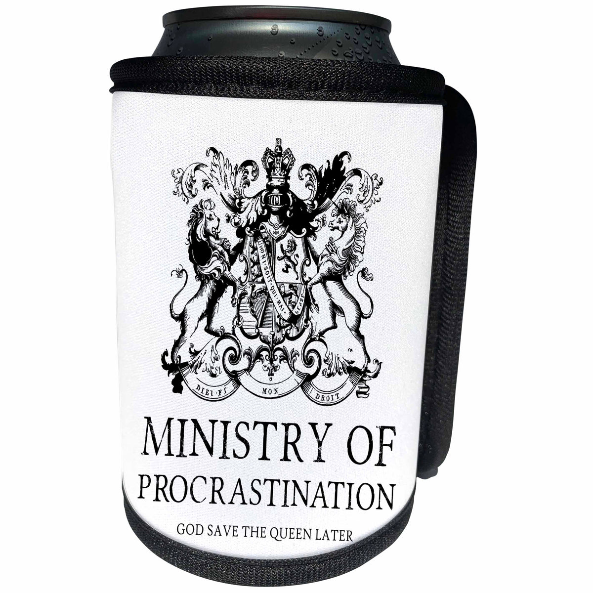 3dRose Russ Billington Designs - Ministry of Procrastination- Funny British Humor - Can Cooler Bottle Wrap (cc_241038)