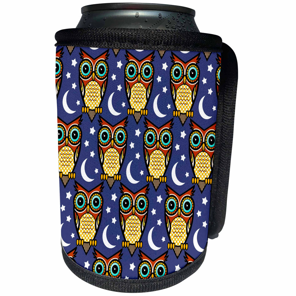 3dRose Russ Billington Patterns - Cute Owls Pattern with Moon and Stars - Can Cooler Bottle Wrap (cc_241055)