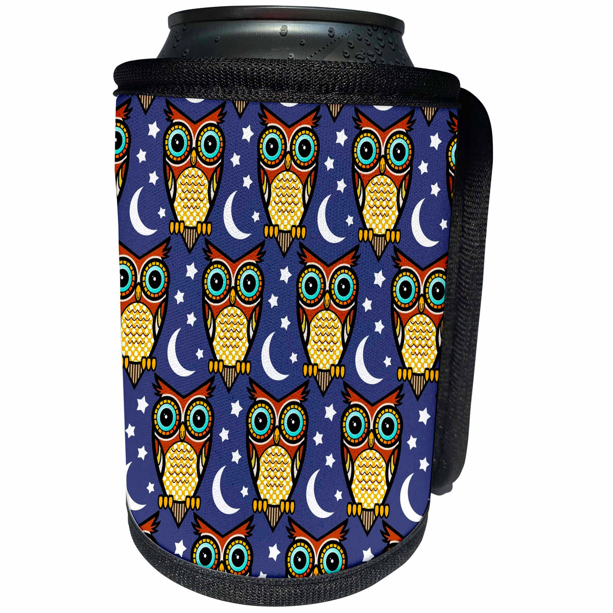 3dRose Russ Billington Patterns - Cute Owls Pattern with Moon and Stars - Can Cooler Bottle Wrap (cc_241055)
