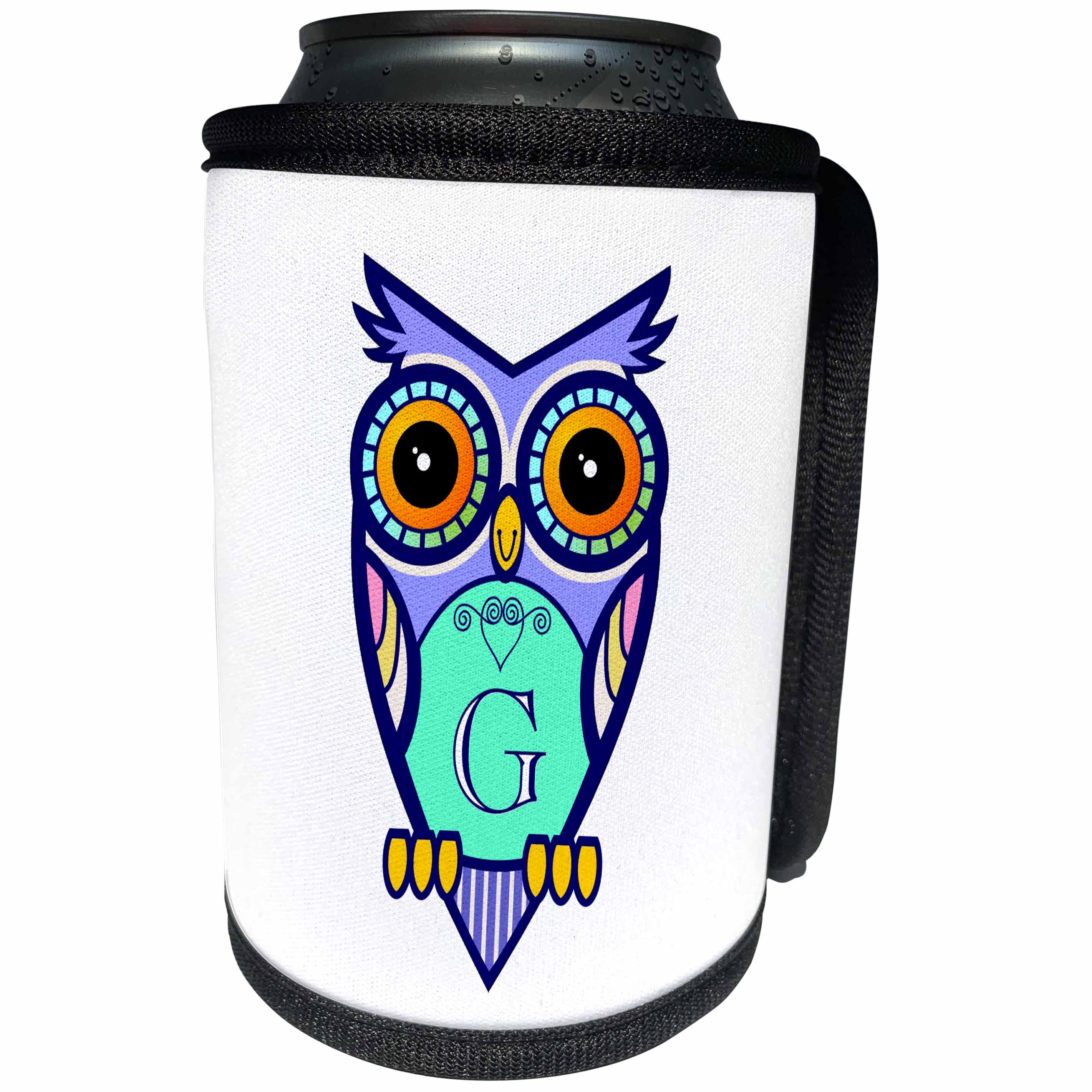 3dRose Russ Billington Monograms- Cute Owl Initial G - Initial Letter G- Cute Owl in Turquoise Pink and Lavender - Can Cooler Bottle Wrap (cc_241068)