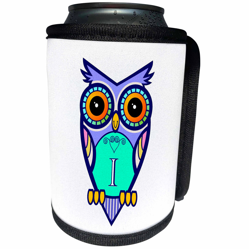 3dRose Russ Billington Monograms- Cute Owl Initial I - Initial Letter I- Cute Owl in Turquoise Pink and Lavender - Can Cooler Bottle Wrap (cc_241070)