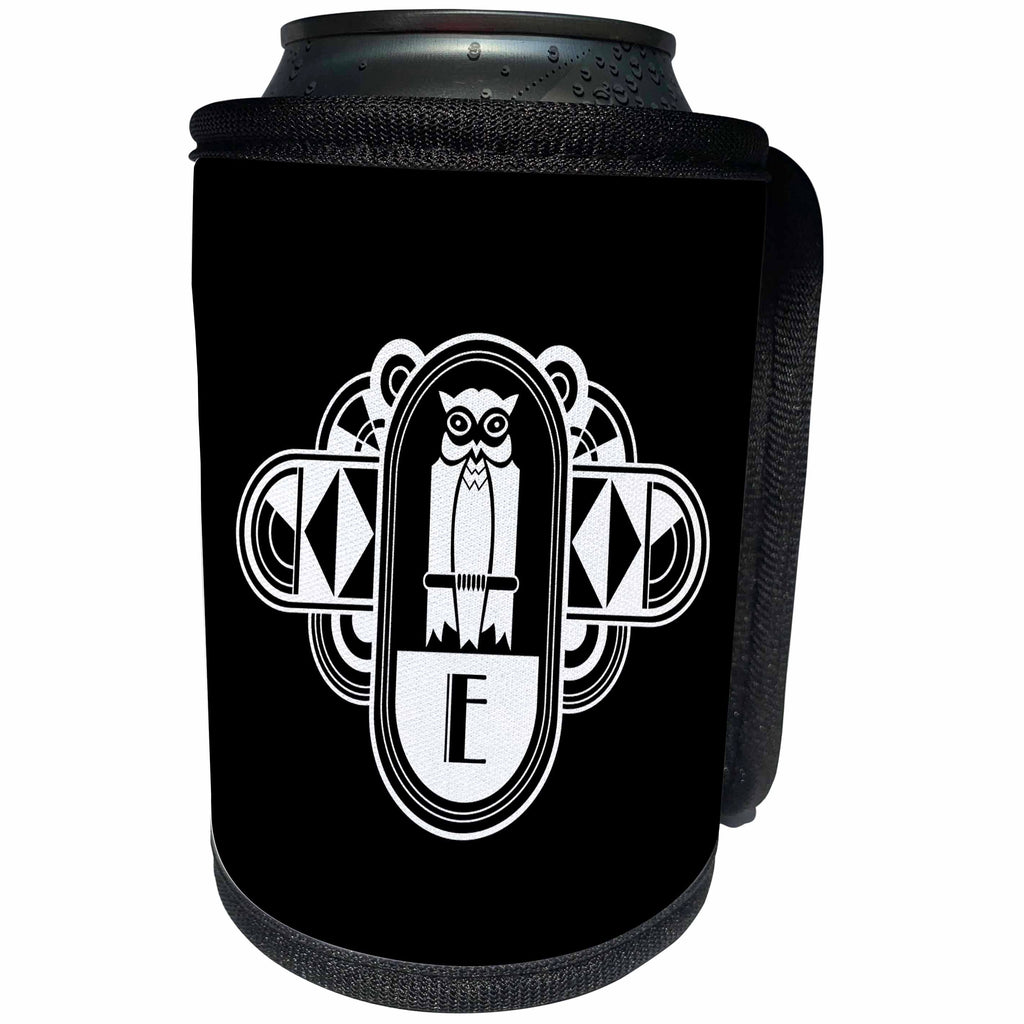 3dRose Russ Billington Art Deco Owl Monograms - White on Black Art Deco Owl Monogram Letter E - Can Cooler Bottle Wrap (cc_241260)