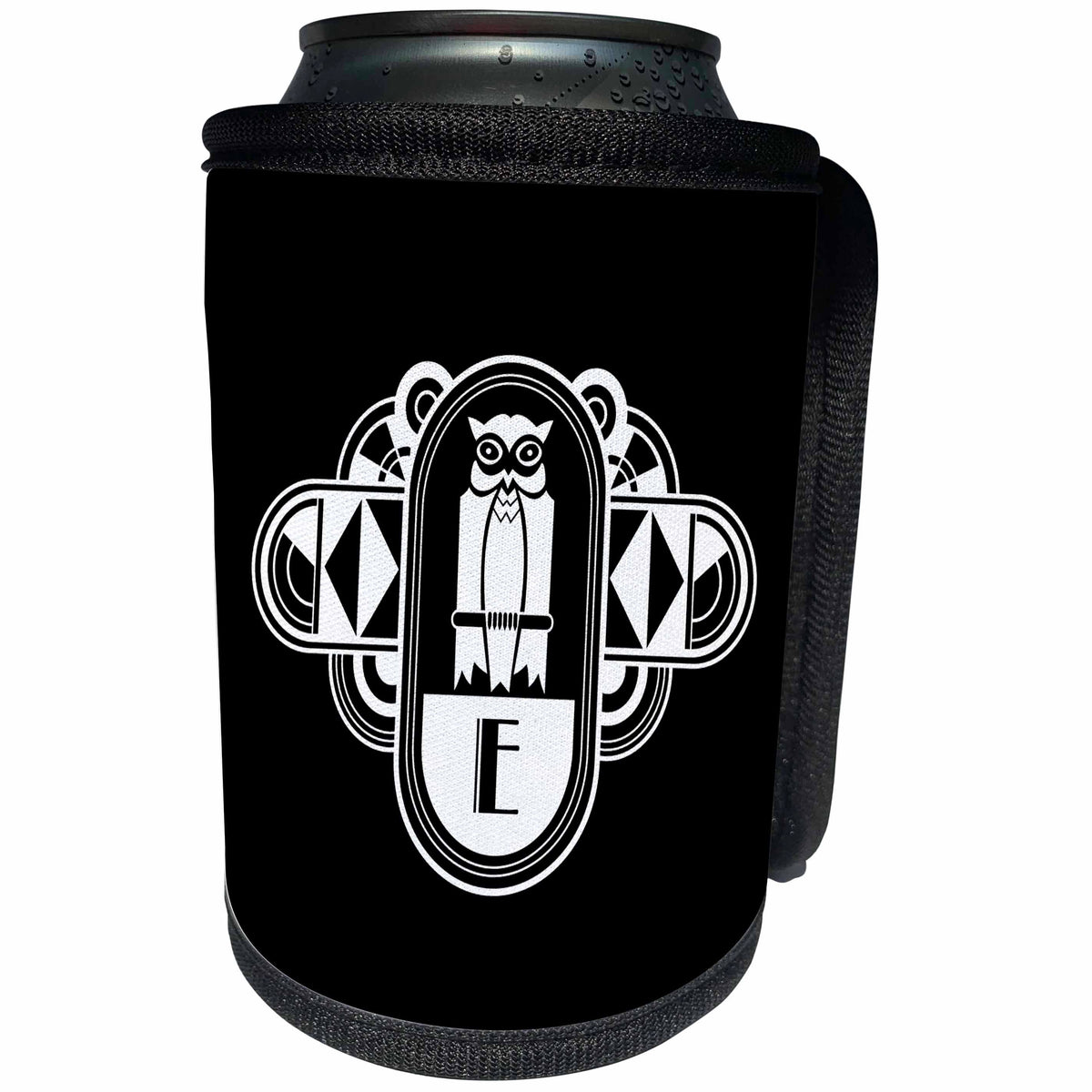 3dRose Russ Billington Art Deco Owl Monograms - White on Black Art Deco Owl Monogram Letter E - Can Cooler Bottle Wrap (cc_241260)