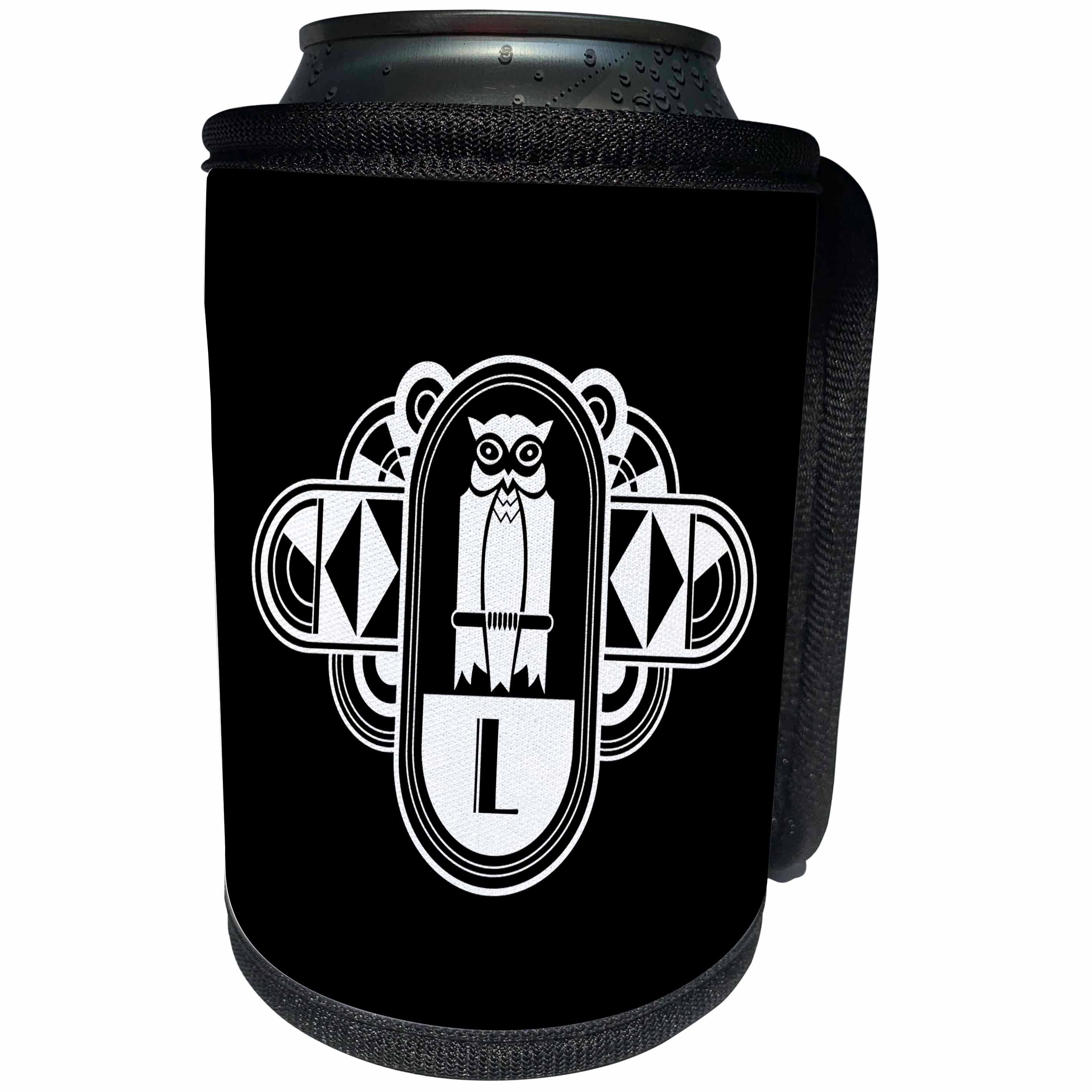 3dRose Russ Billington Art Deco Owl Monograms - White on Black Art Deco Owl Monogram Letter L - Can Cooler Bottle Wrap (cc_241267)
