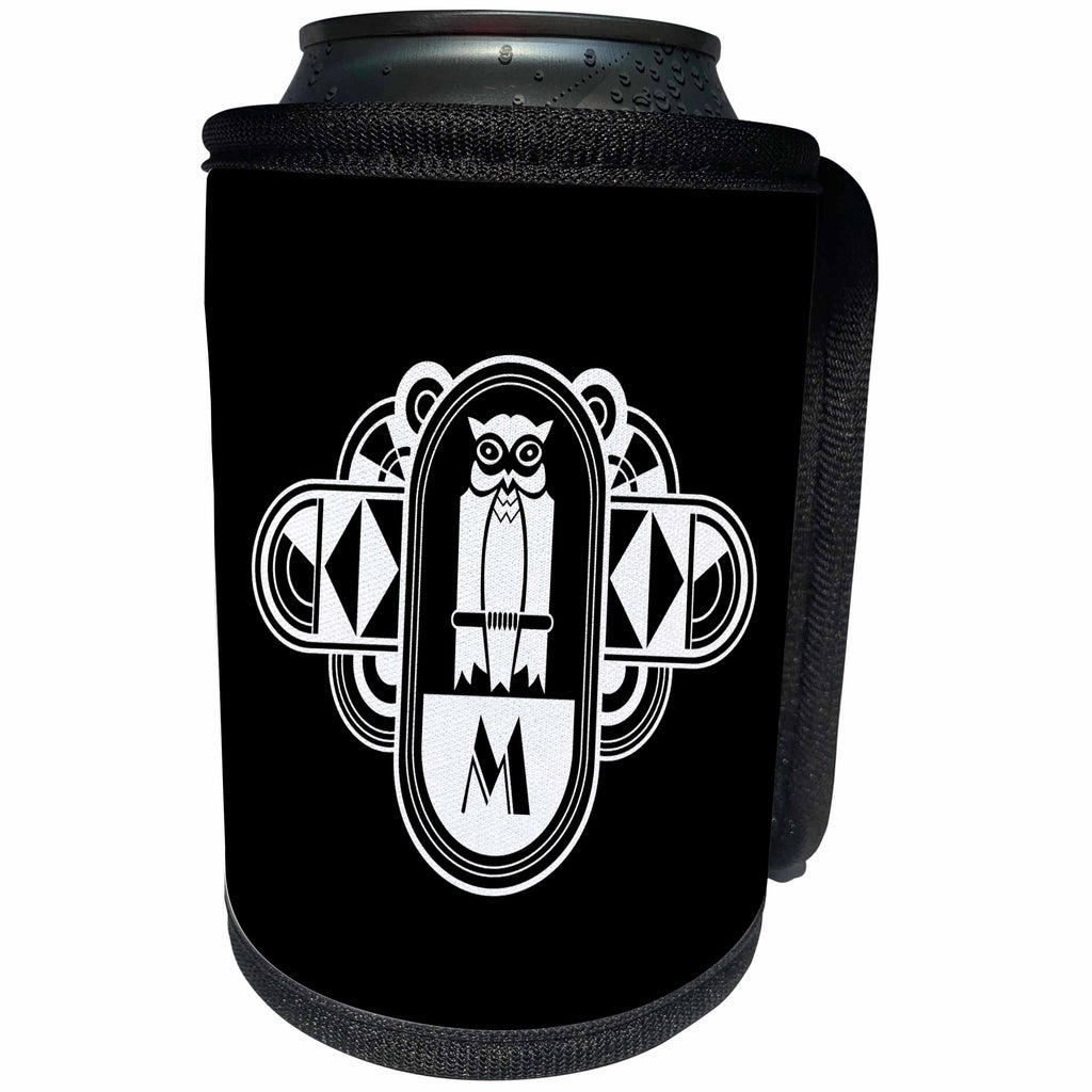 3dRose Russ Billington Art Deco Owl Monograms - White on Black Art Deco Owl Monogram Letter M - Can Cooler Bottle Wrap (cc_241268)