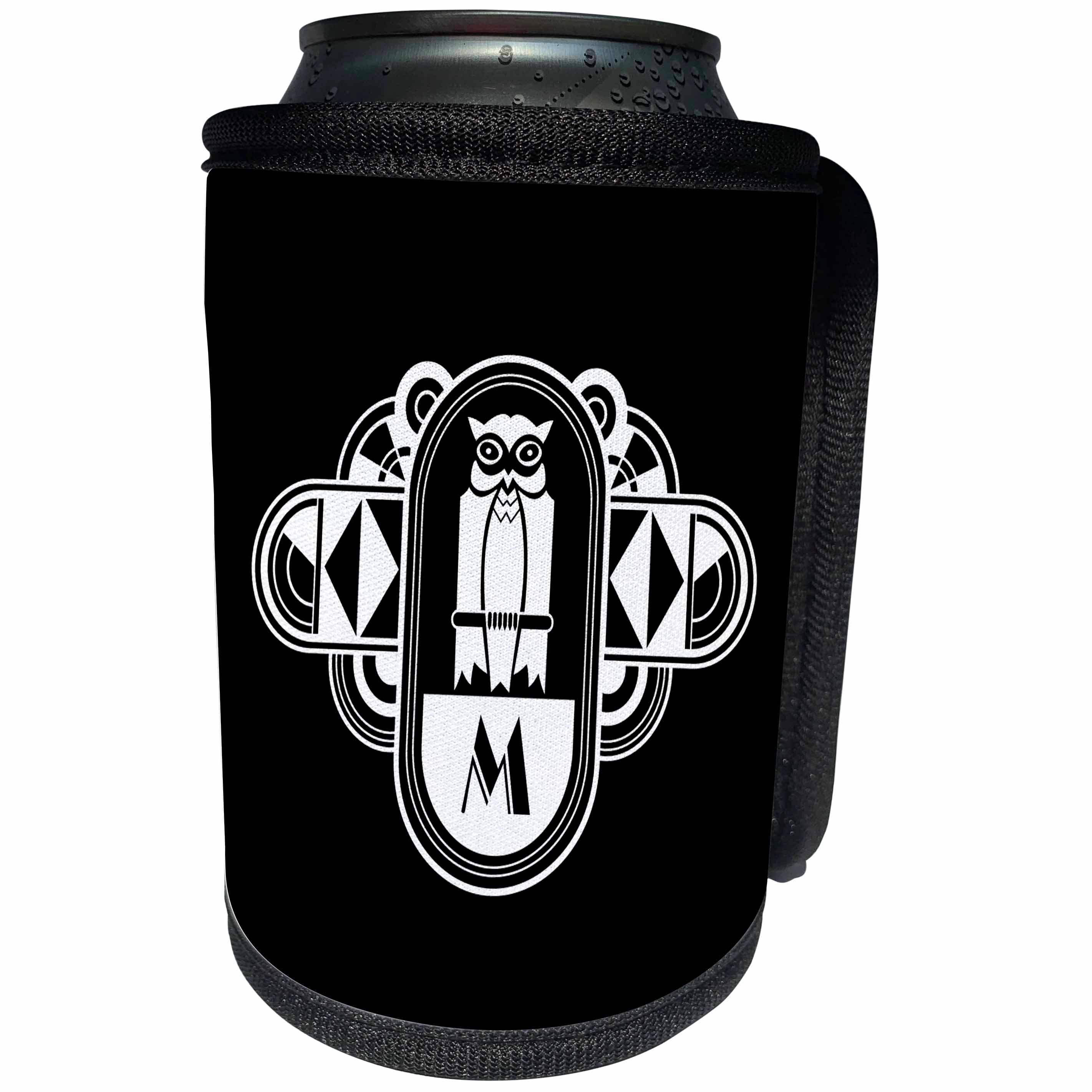3dRose Russ Billington Art Deco Owl Monograms - White on Black Art Deco Owl Monogram Letter M - Can Cooler Bottle Wrap (cc_241268)