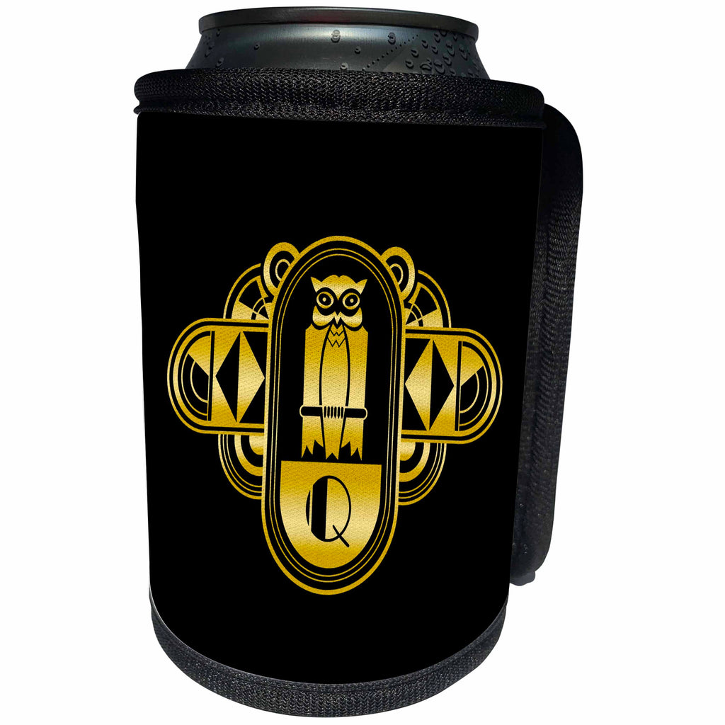 3dRose Russ Billington Art Deco Owl Monograms - Gold Effect Art Deco Owl Monogram Geometric Design Letter Q - Can Cooler Bottle Wrap (cc_241298)
