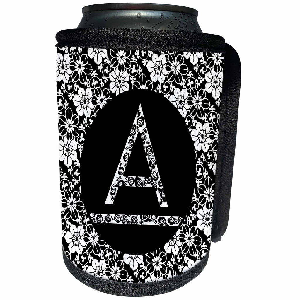 3dRose Russ Billington Monograms - Pretty Black and White Floral Monogram Letter A - Can Cooler Bottle Wrap (cc_241308)