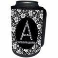 3dRose Russ Billington Monograms - Pretty Black and White Floral Monogram Letter A - Can Cooler Bottle Wrap (cc_241308)