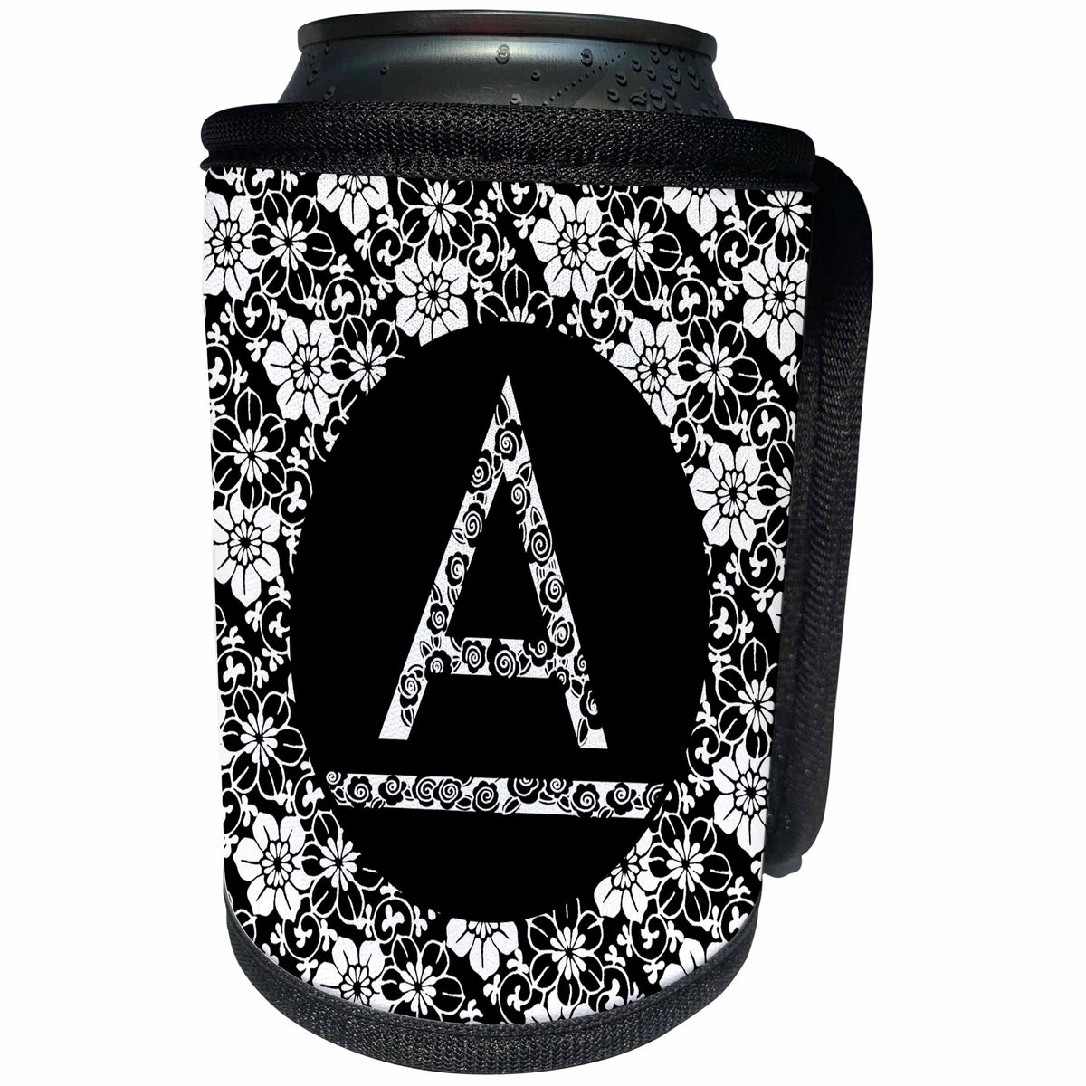 3dRose Russ Billington Monograms - Pretty Black and White Floral Monogram Letter A - Can Cooler Bottle Wrap (cc_241308)