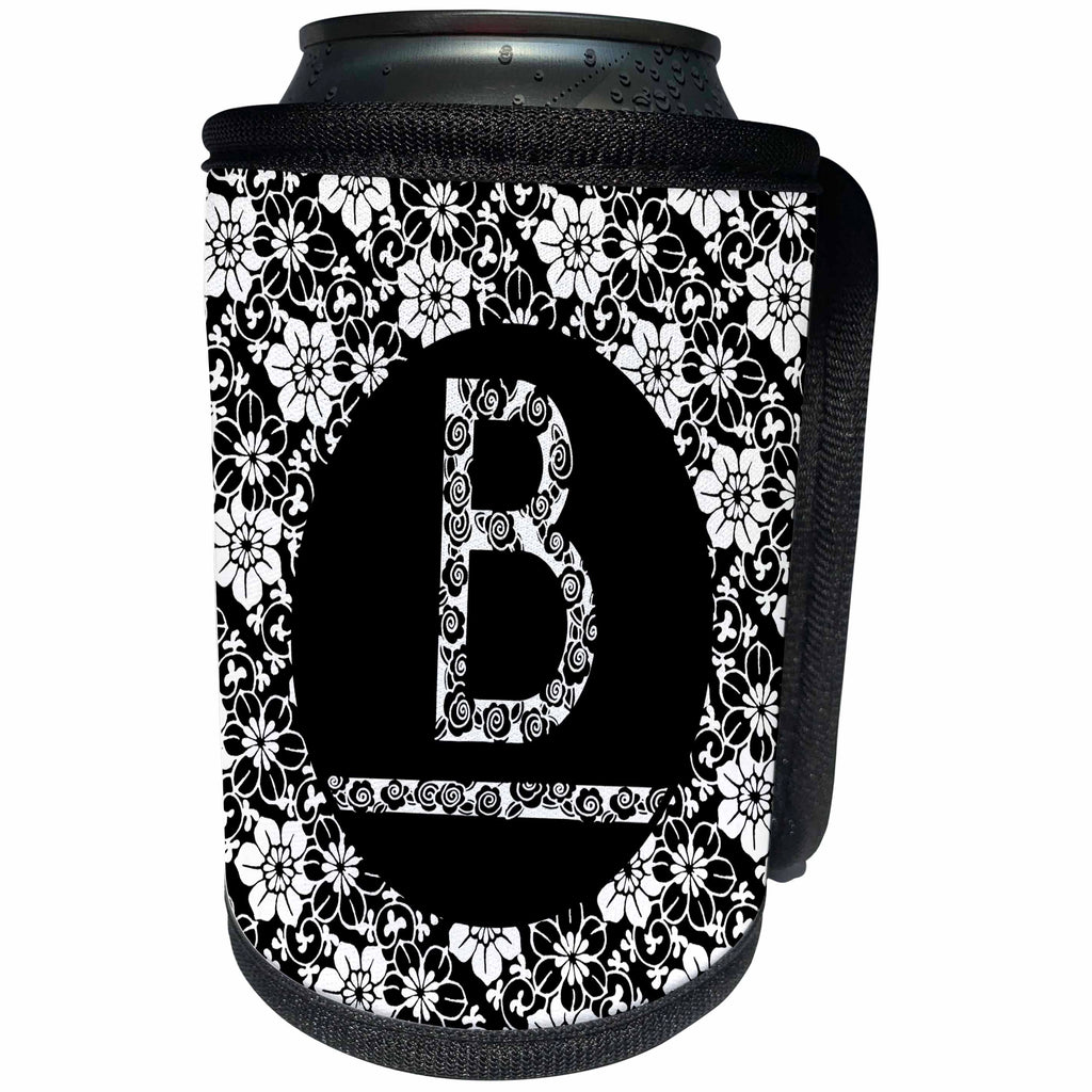 3dRose Russ Billington Monograms - Pretty Black and White Floral Monogram Letter B - Can Cooler Bottle Wrap (cc_241309)