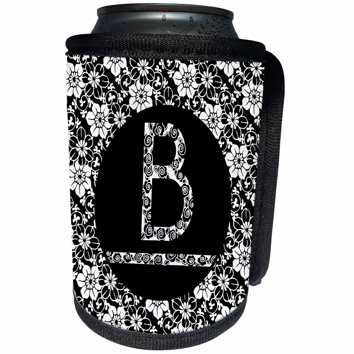 3dRose Russ Billington Monograms - Pretty Black and White Floral Monogram Letter B - Can Cooler Bottle Wrap (cc_241309)
