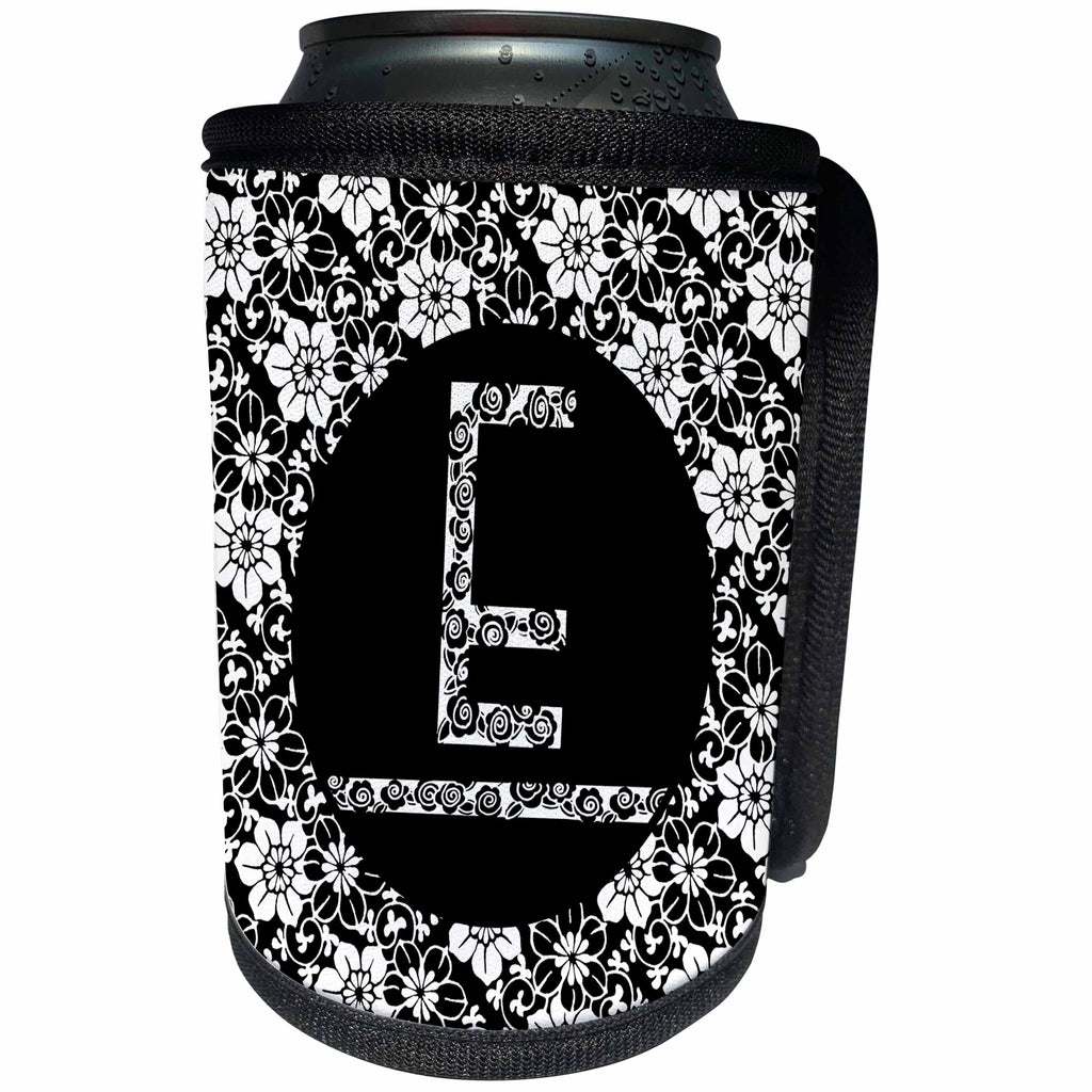 3dRose Russ Billington Monograms - Pretty Black and White Floral Monogram Letter E - Can Cooler Bottle Wrap (cc_241312)