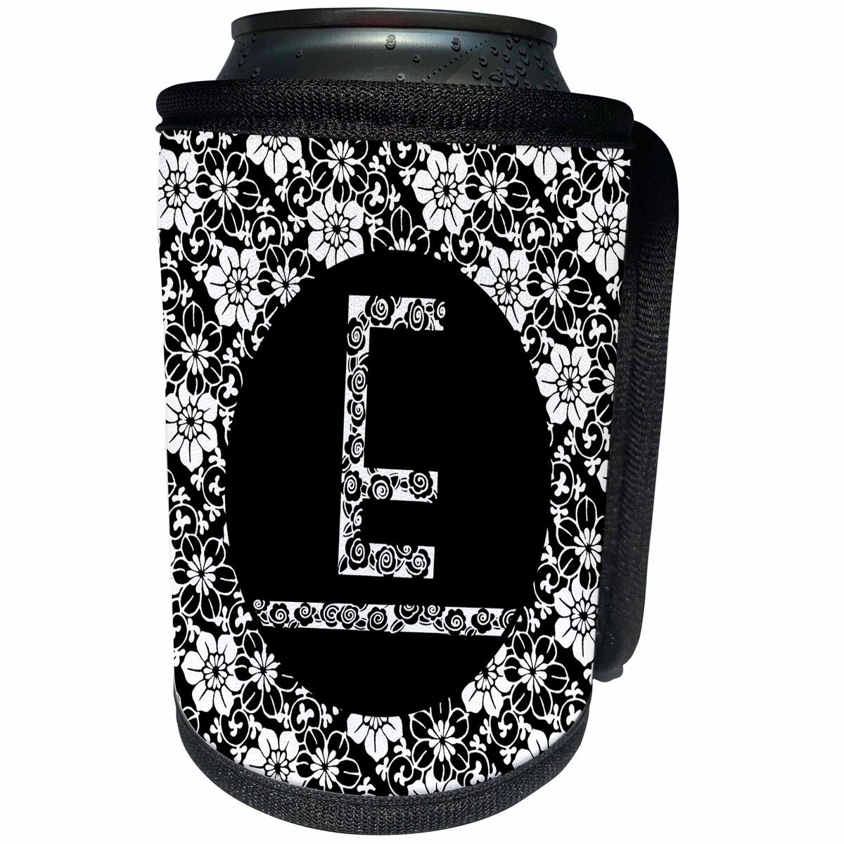 3dRose Russ Billington Monograms - Pretty Black and White Floral Monogram Letter E - Can Cooler Bottle Wrap (cc_241312)