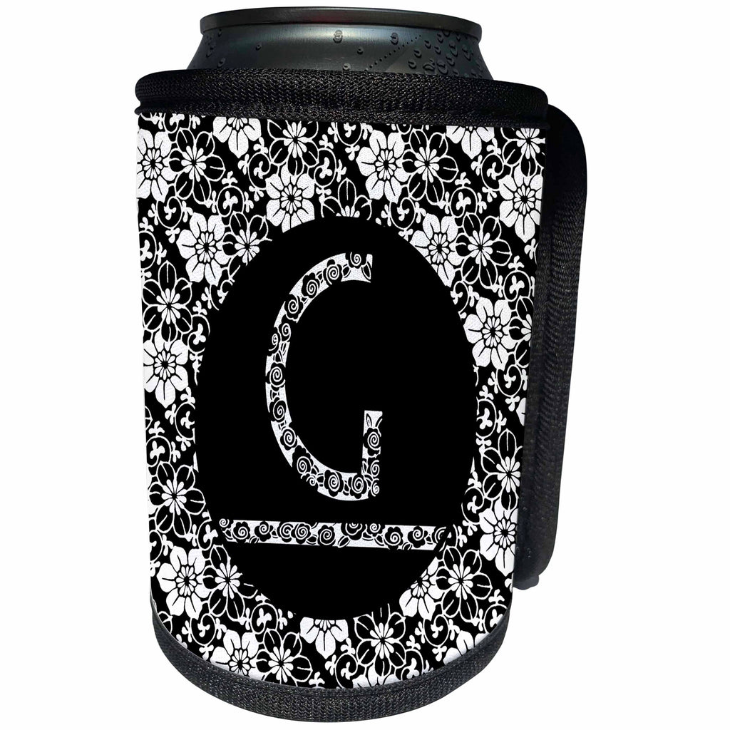 3dRose Russ Billington Monograms - Pretty Black and White Floral Monogram Letter G - Can Cooler Bottle Wrap (cc_241314)