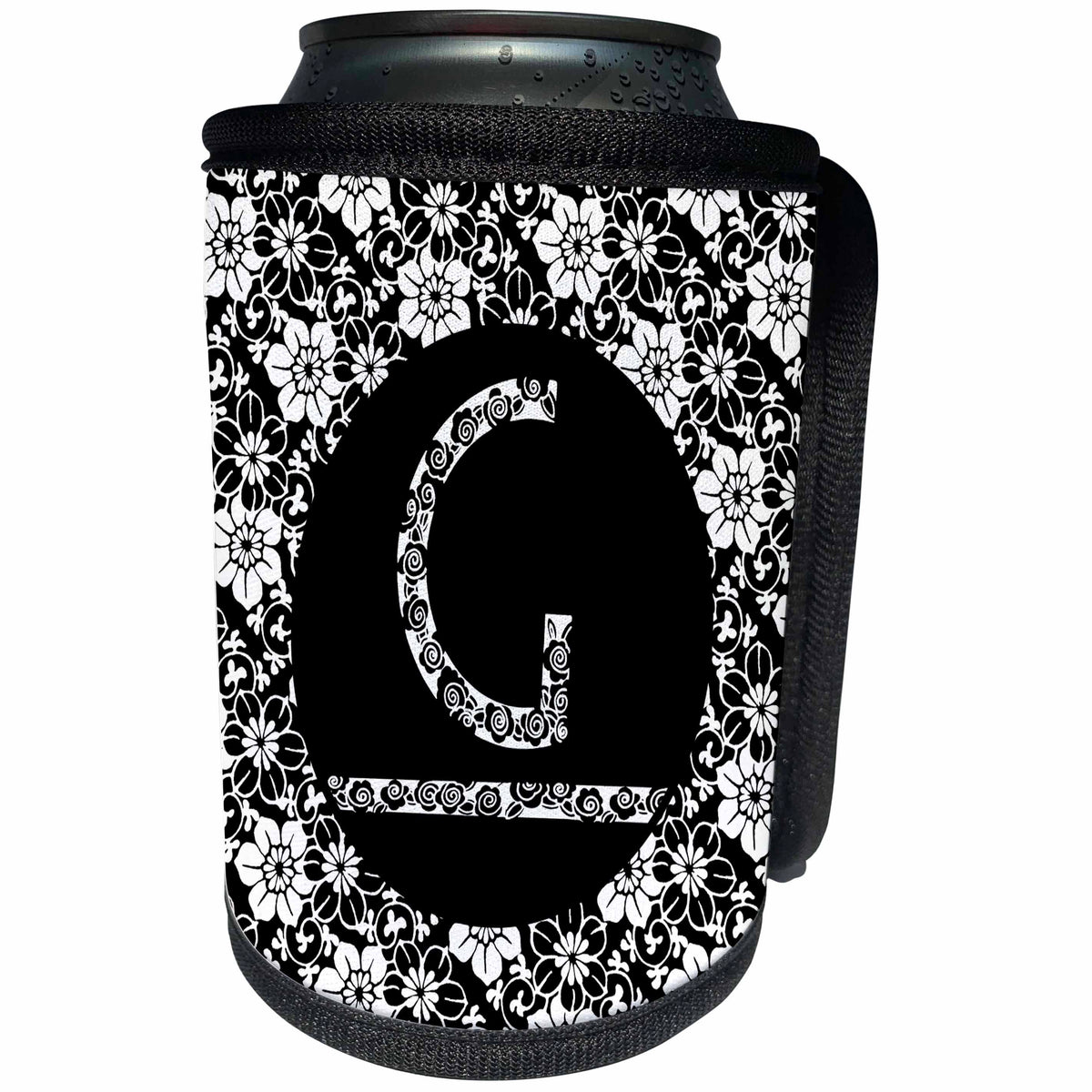 3dRose Russ Billington Monograms - Pretty Black and White Floral Monogram Letter G - Can Cooler Bottle Wrap (cc_241314)