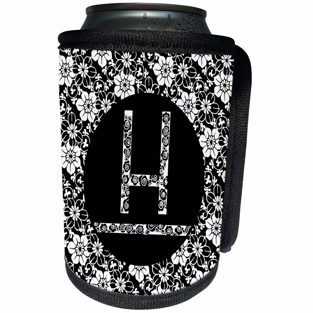 3dRose Russ Billington Monograms - Pretty Black and White Floral Monogram Letter H - Can Cooler Bottle Wrap (cc_241315)