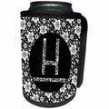 3dRose Russ Billington Monograms - Pretty Black and White Floral Monogram Letter H - Can Cooler Bottle Wrap (cc_241315)