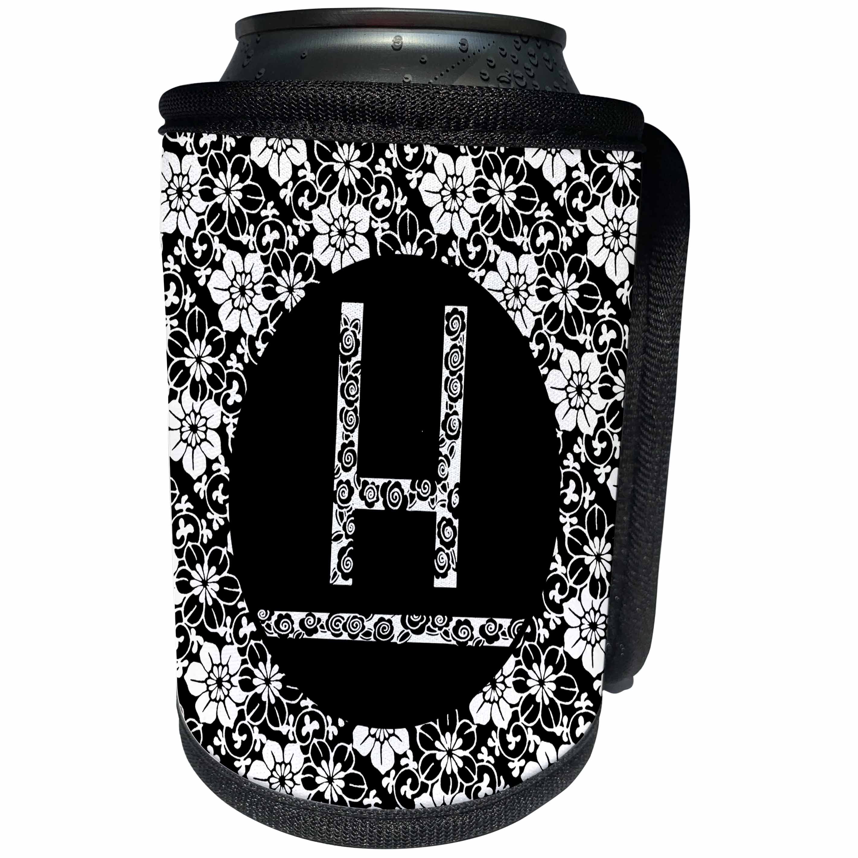 3dRose Russ Billington Monograms - Pretty Black and White Floral Monogram Letter H - Can Cooler Bottle Wrap (cc_241315)
