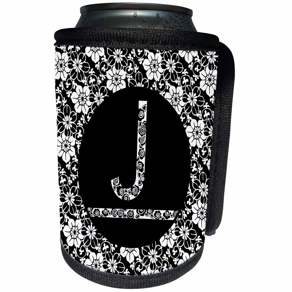 3dRose Russ Billington Monograms - Pretty Black and White Floral Monogram Letter J - Can Cooler Bottle Wrap (cc_241317)