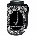 3dRose Russ Billington Monograms - Pretty Black and White Floral Monogram Letter J - Can Cooler Bottle Wrap (cc_241317)