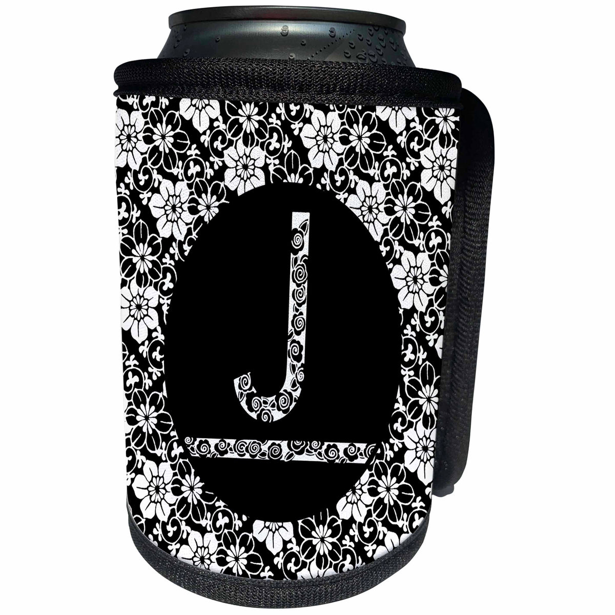 3dRose Russ Billington Monograms - Pretty Black and White Floral Monogram Letter J - Can Cooler Bottle Wrap (cc_241317)