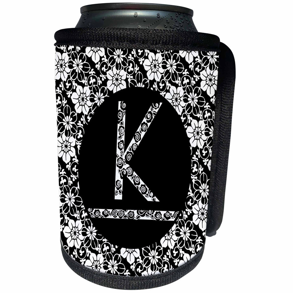 3dRose Russ Billington Monograms - Pretty Black and White Floral Monogram Letter K - Can Cooler Bottle Wrap (cc_241318)