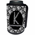 3dRose Russ Billington Monograms - Pretty Black and White Floral Monogram Letter K - Can Cooler Bottle Wrap (cc_241318)