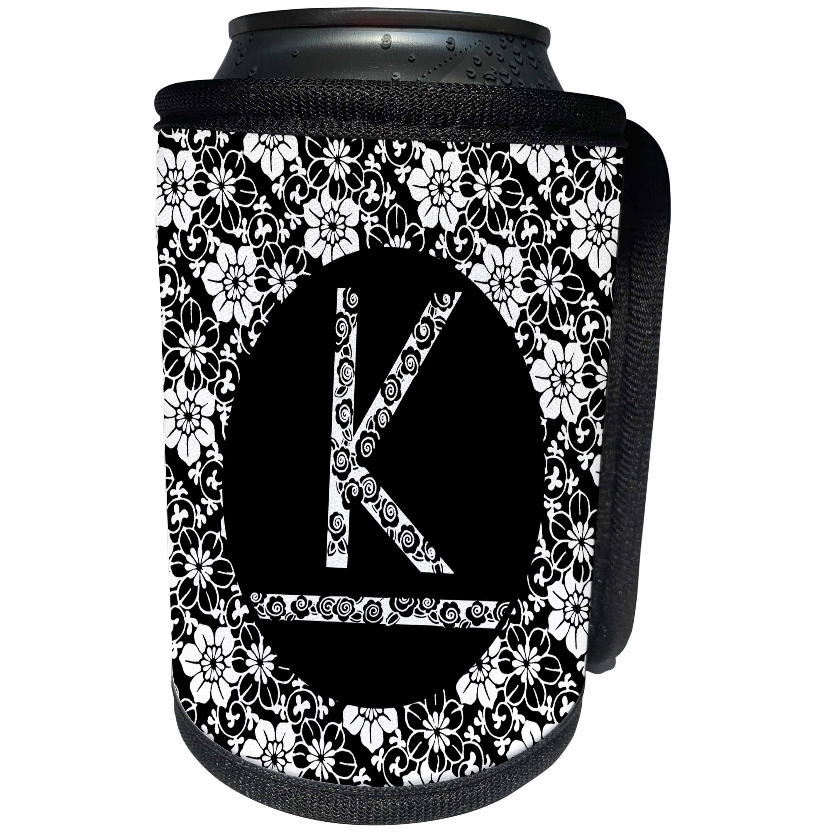 3dRose Russ Billington Monograms - Pretty Black and White Floral Monogram Letter K - Can Cooler Bottle Wrap (cc_241318)