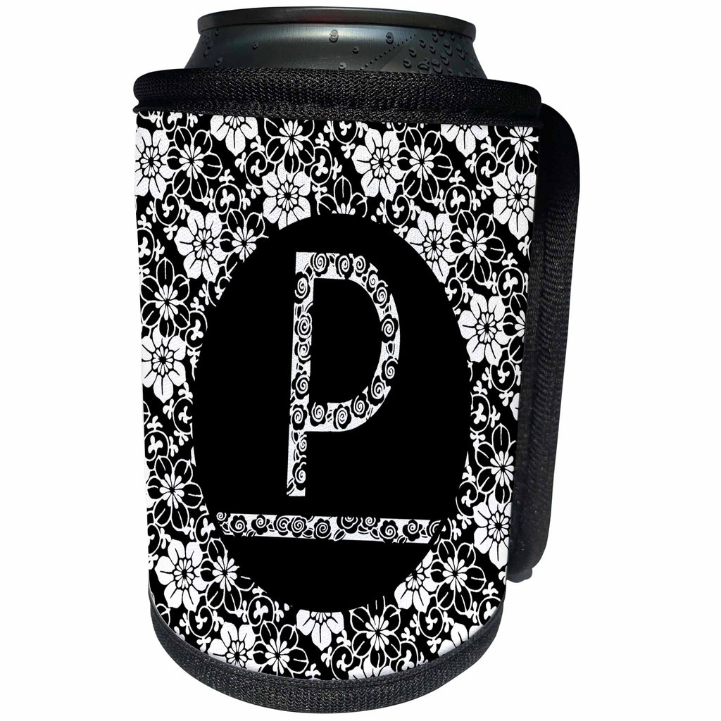 3dRose Russ Billington Monograms - Pretty Black and White Floral Monogram Letter P - Can Cooler Bottle Wrap (cc_241323)