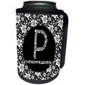 3dRose Russ Billington Monograms - Pretty Black and White Floral Monogram Letter P - Can Cooler Bottle Wrap (cc_241323)