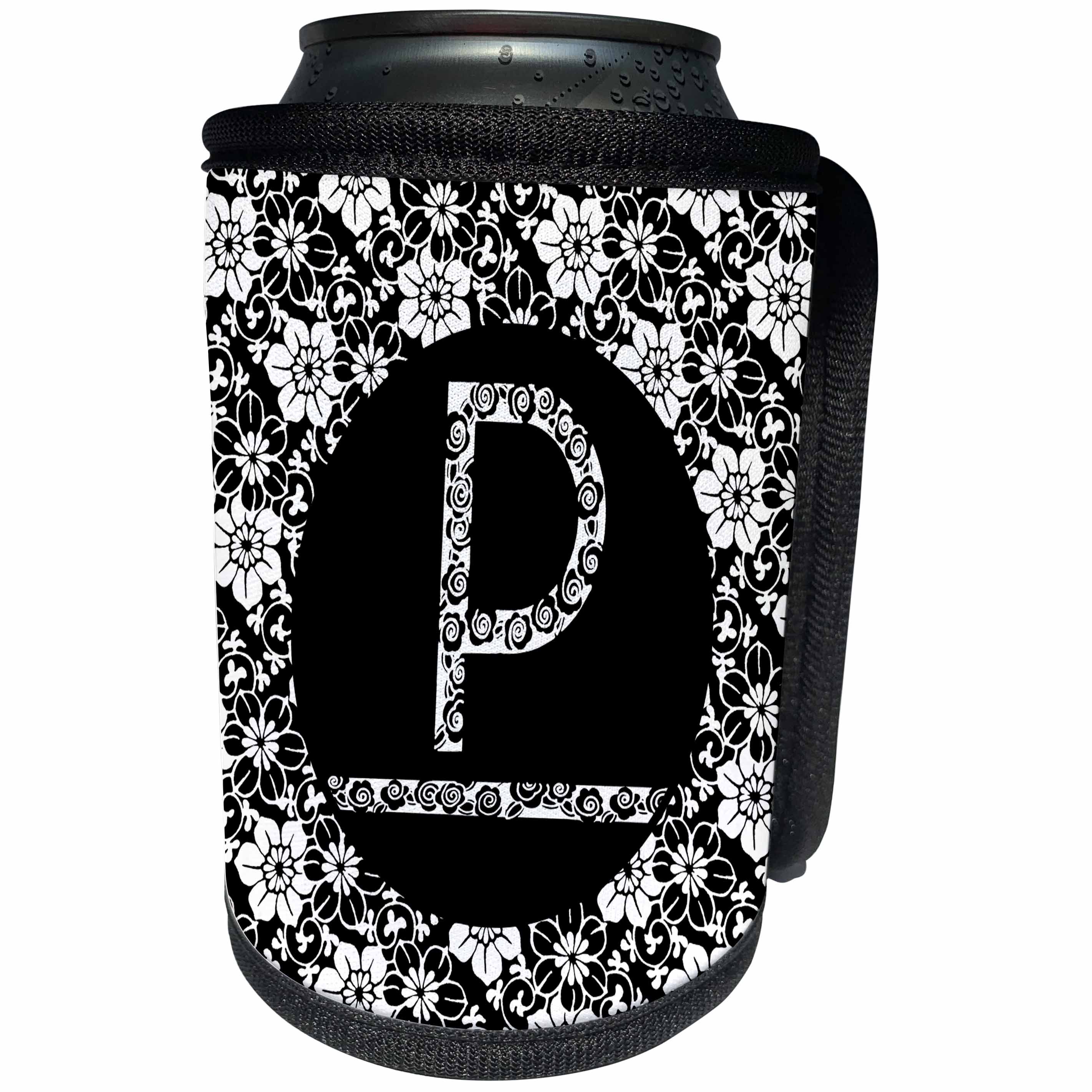 3dRose Russ Billington Monograms - Pretty Black and White Floral Monogram Letter P - Can Cooler Bottle Wrap (cc_241323)