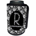 3dRose Russ Billington Monograms - Pretty Black and White Floral Monogram Letter R - Can Cooler Bottle Wrap (cc_241325)