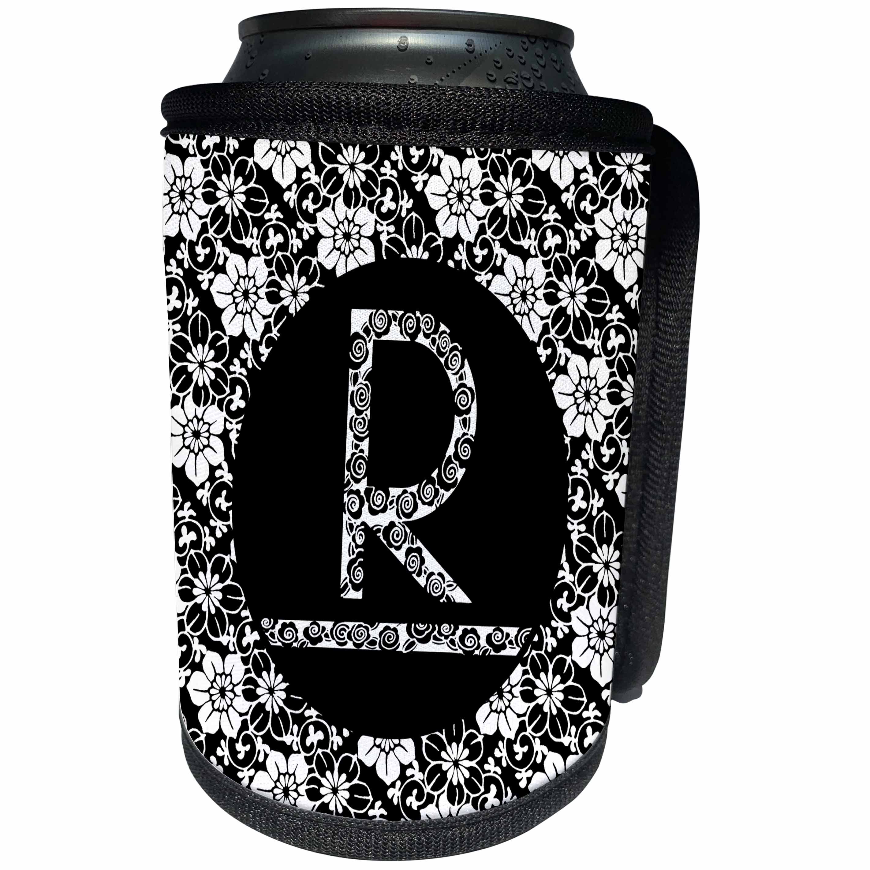 3dRose Russ Billington Monograms - Pretty Black and White Floral Monogram Letter R - Can Cooler Bottle Wrap (cc_241325)