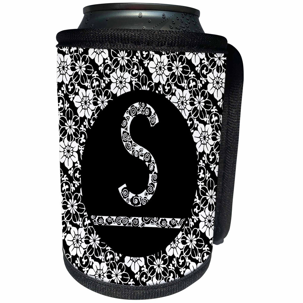 3dRose Russ Billington Monograms - Pretty Black and White Floral Monogram Letter S - Can Cooler Bottle Wrap (cc_241326)