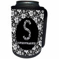 3dRose Russ Billington Monograms - Pretty Black and White Floral Monogram Letter S - Can Cooler Bottle Wrap (cc_241326)