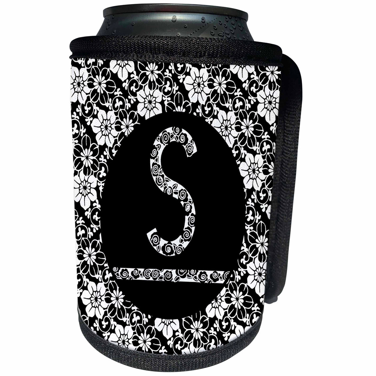 3dRose Russ Billington Monograms - Pretty Black and White Floral Monogram Letter S - Can Cooler Bottle Wrap (cc_241326)