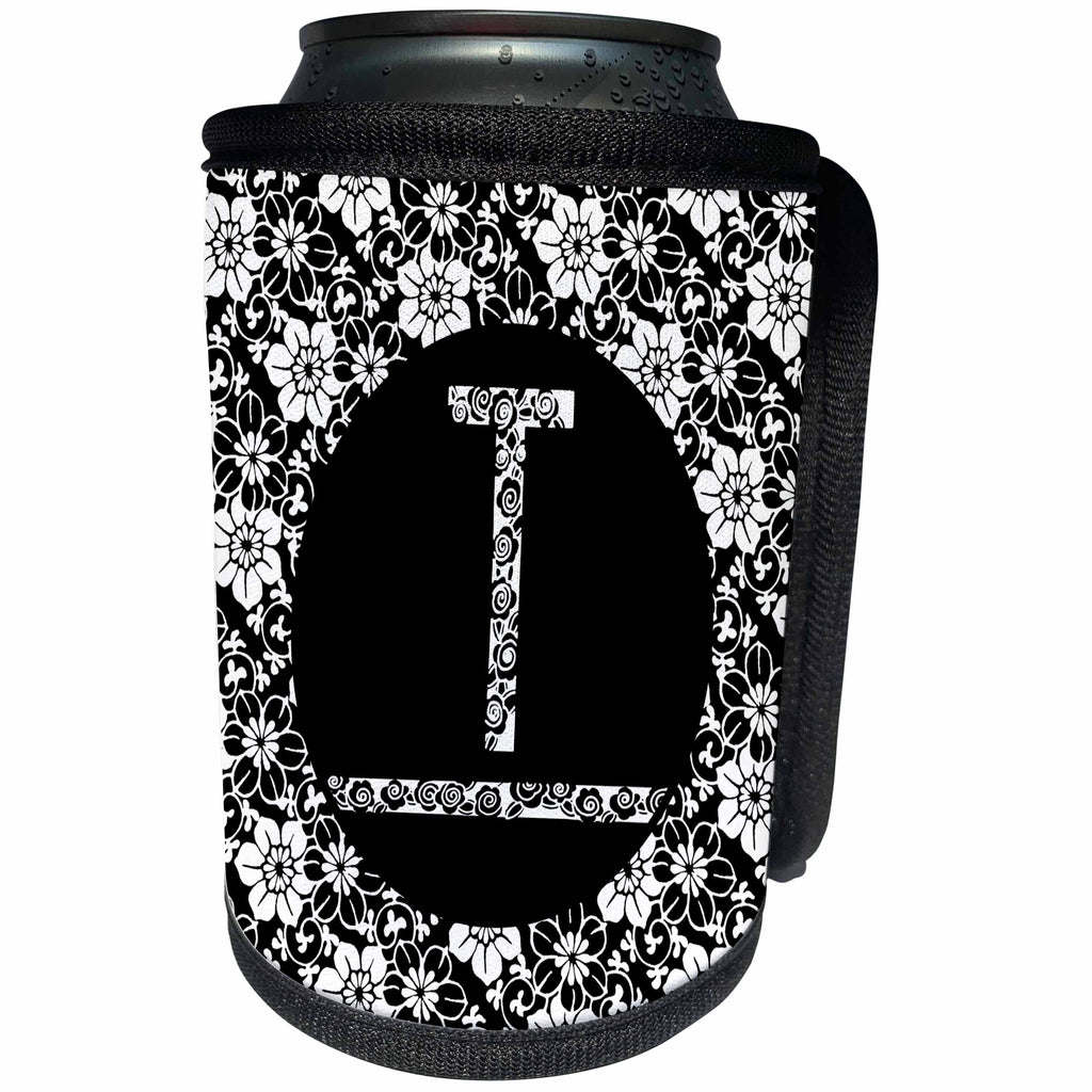 3dRose Russ Billington Monograms - Pretty Black and White Floral Monogram Letter T - Can Cooler Bottle Wrap (cc_241327)