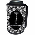3dRose Russ Billington Monograms - Pretty Black and White Floral Monogram Letter T - Can Cooler Bottle Wrap (cc_241327)