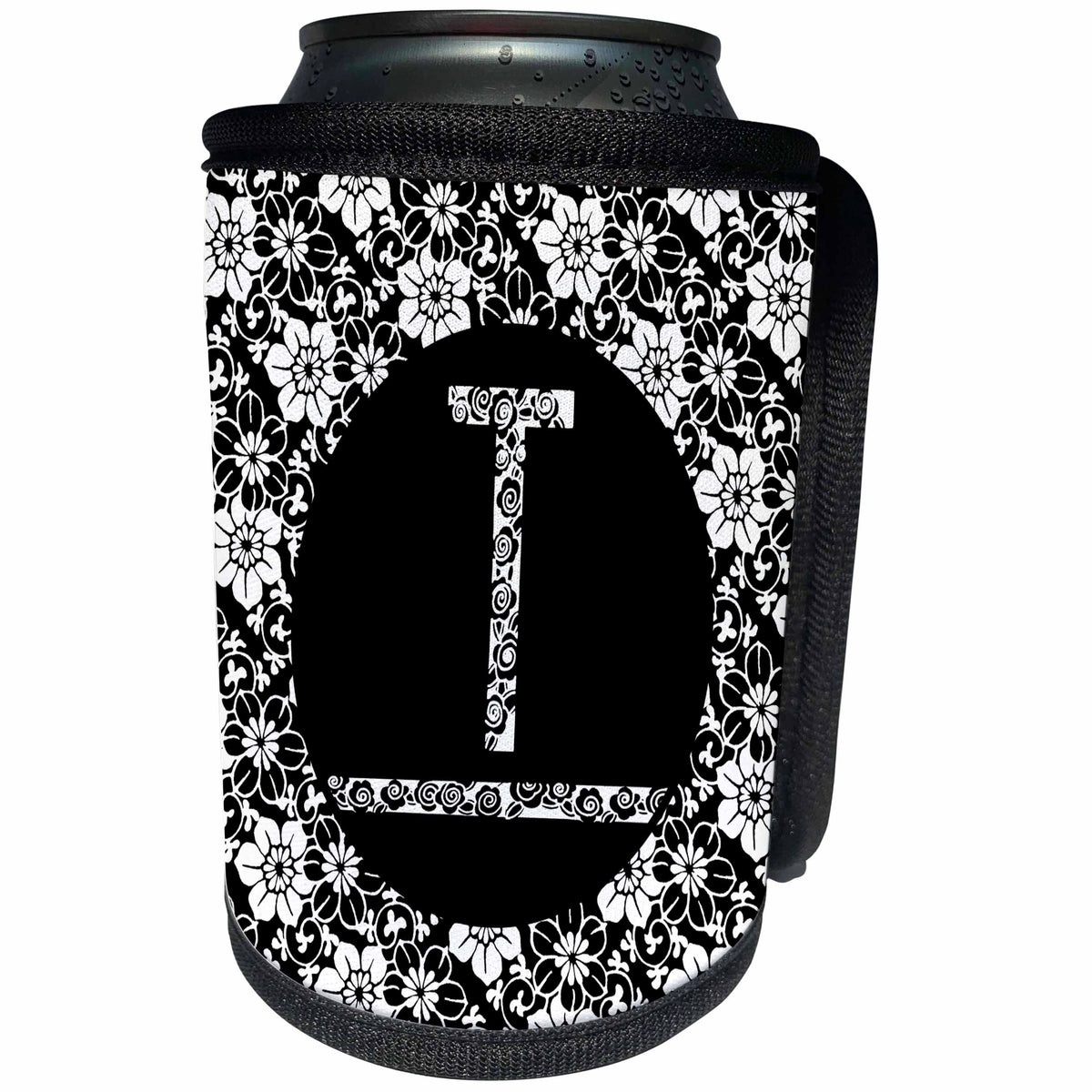 3dRose Russ Billington Monograms - Pretty Black and White Floral Monogram Letter T - Can Cooler Bottle Wrap (cc_241327)