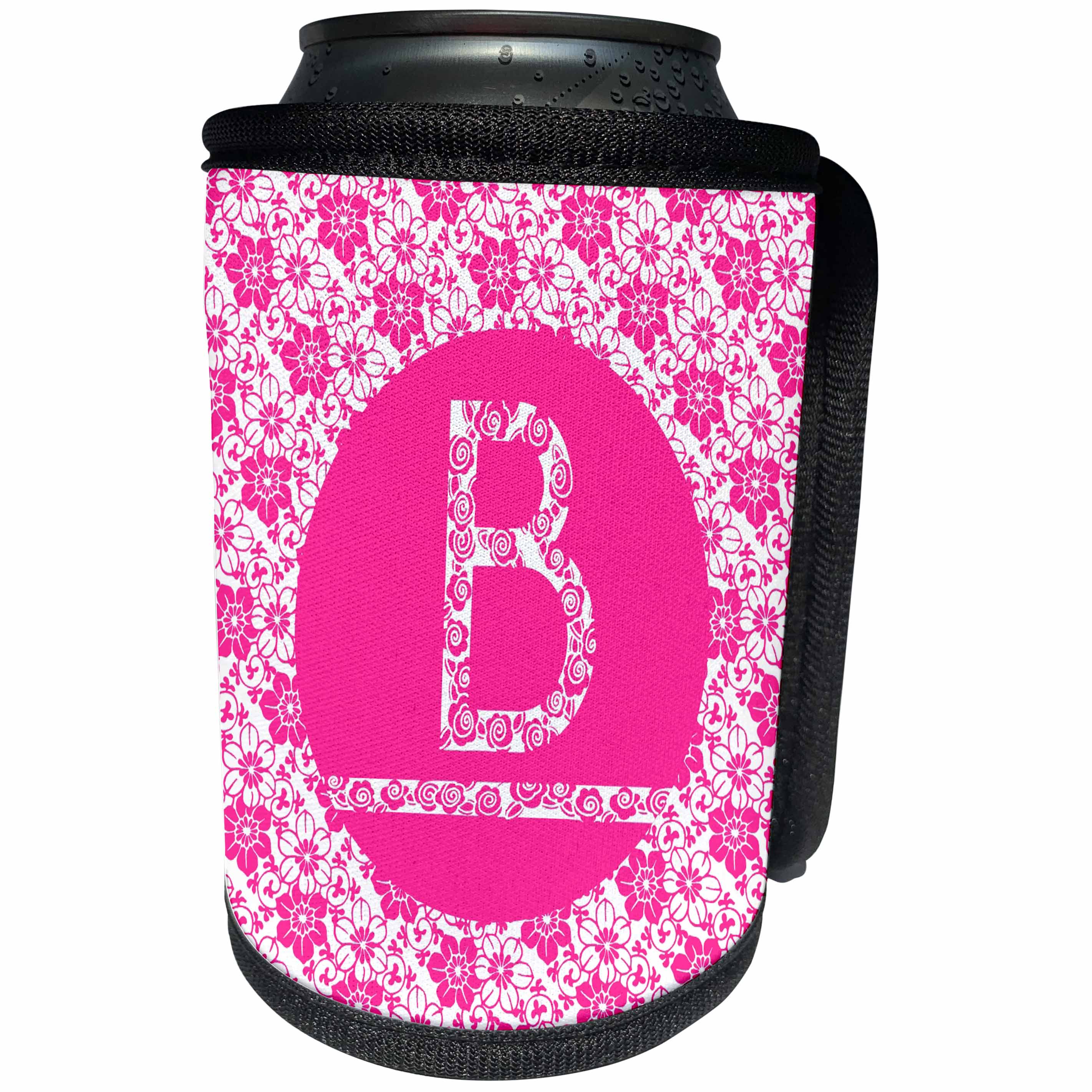 3dRose Russ Billington Monograms - Hoy Pink Girly Floral Monogram Letter B - Can Cooler Bottle Wrap (cc_241335)