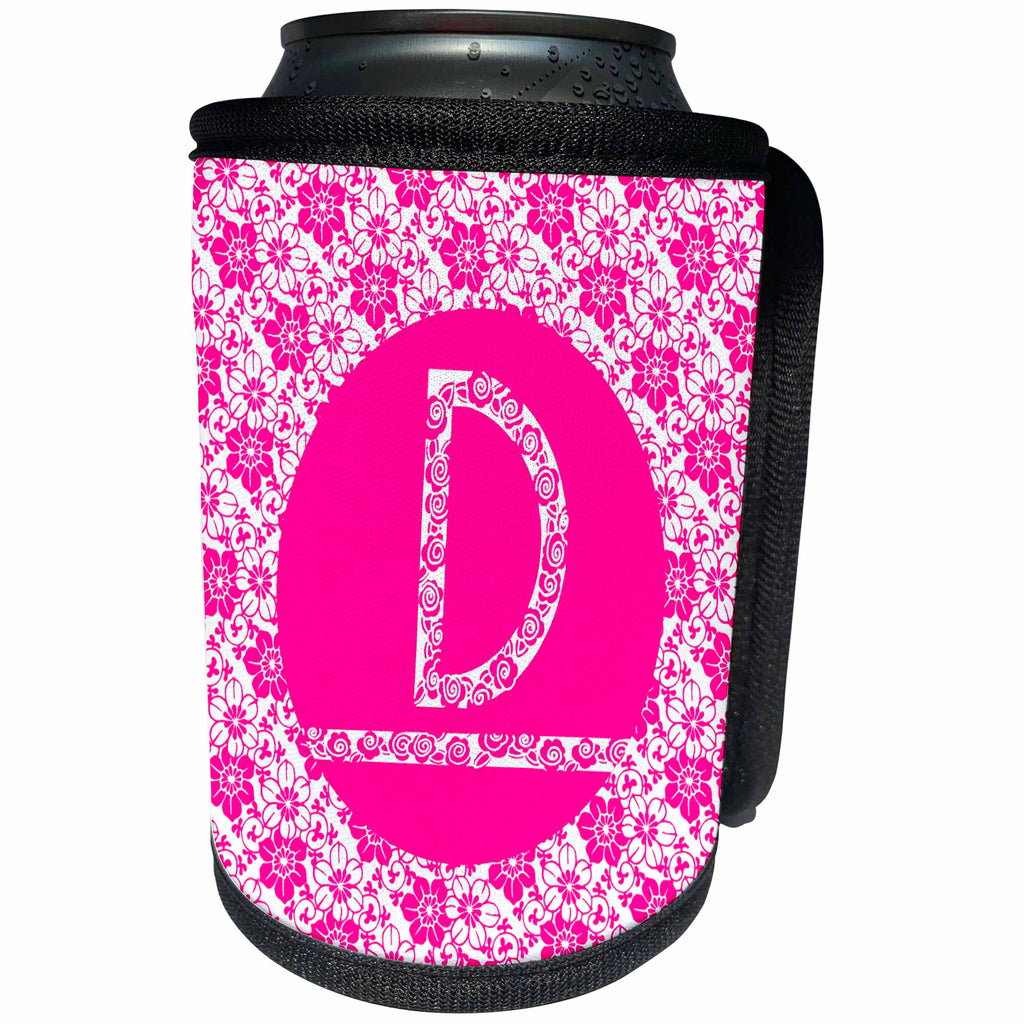 3dRose Russ Billington Monograms - Hoy Pink Girly Floral Monogram Letter D - Can Cooler Bottle Wrap (cc_241337)