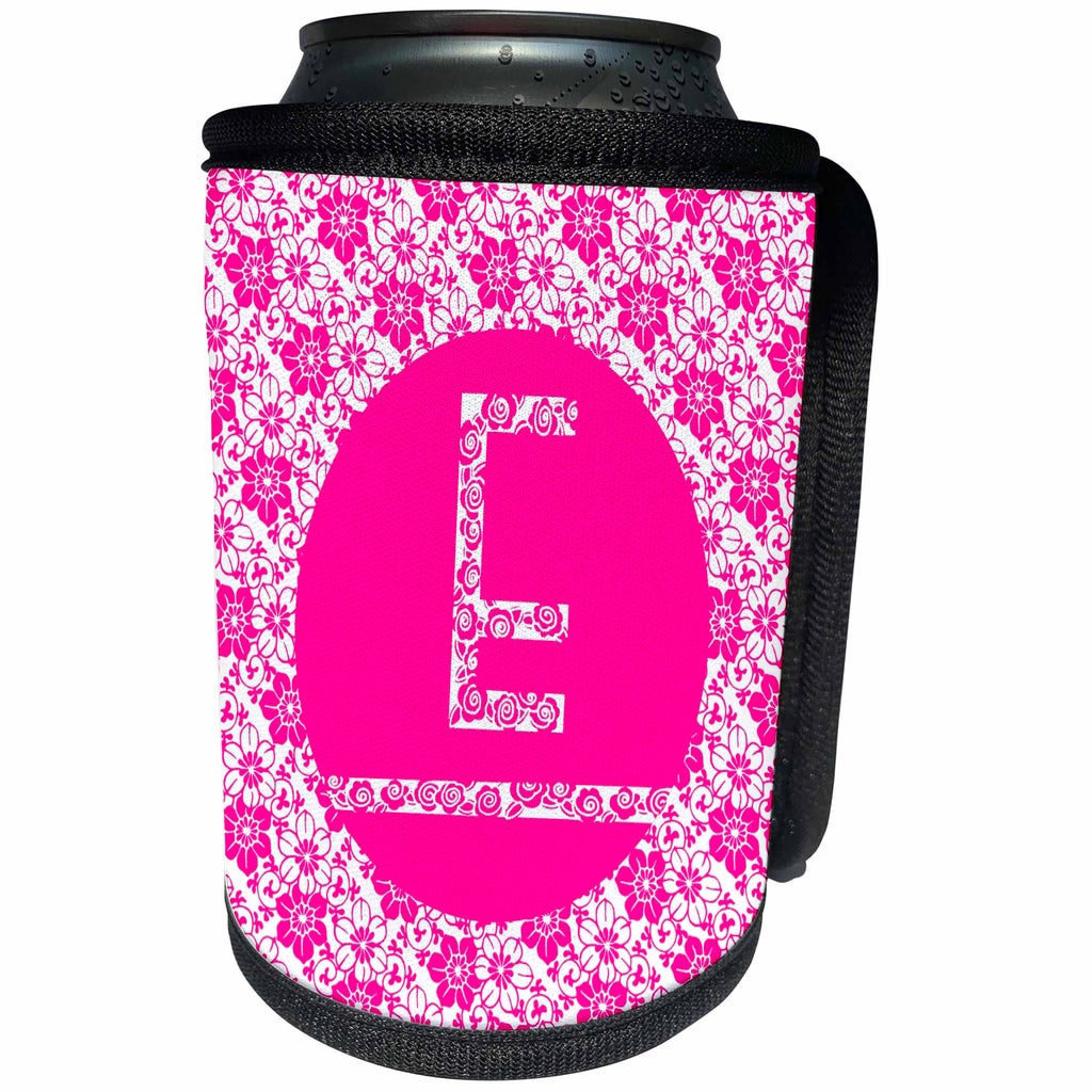 3dRose Russ Billington Monograms - Hoy Pink Girly Floral Monogram Letter E - Can Cooler Bottle Wrap (cc_241338)