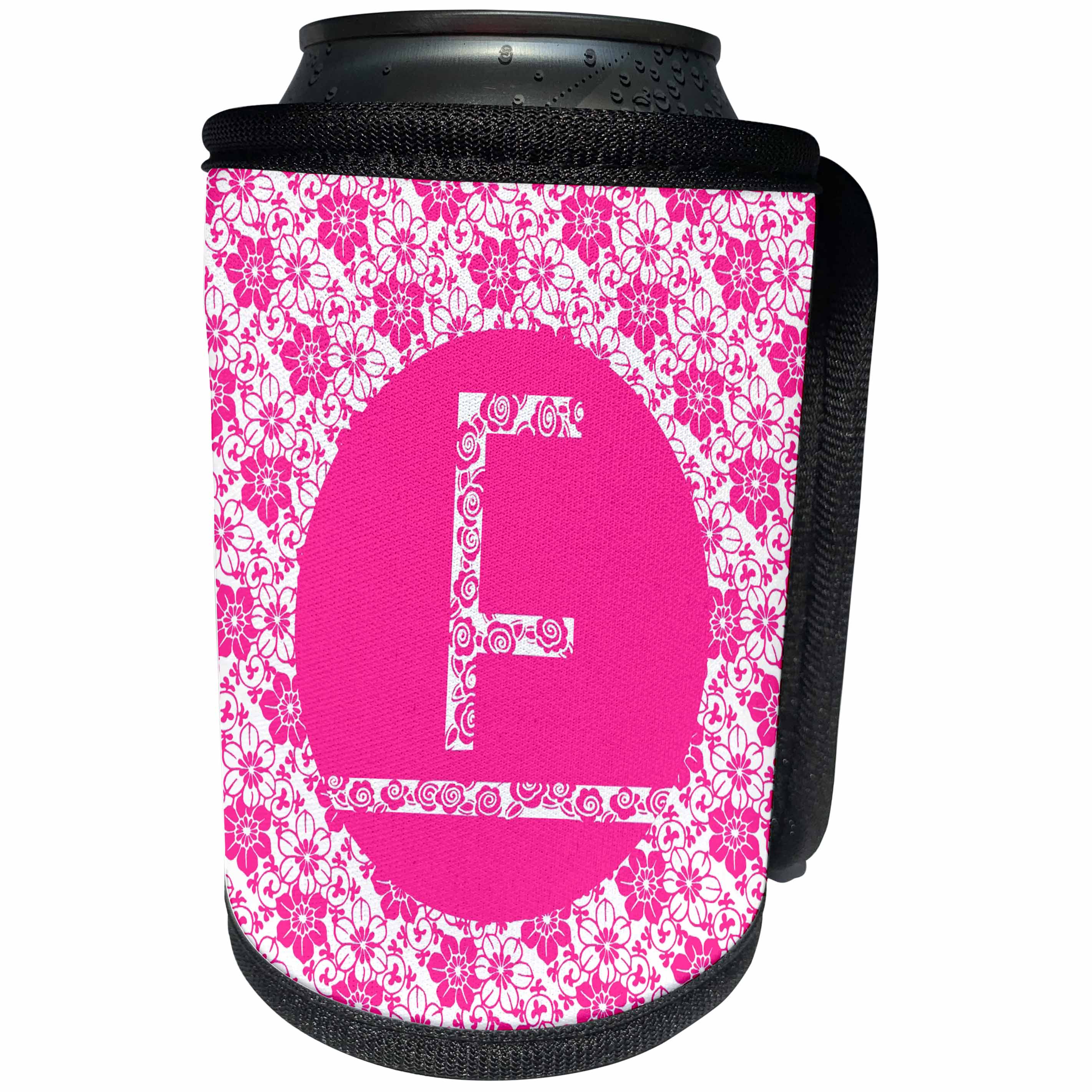 3dRose Russ Billington Monograms - Hoy Pink Girly Floral Monogram Letter F - Can Cooler Bottle Wrap (cc_241339)