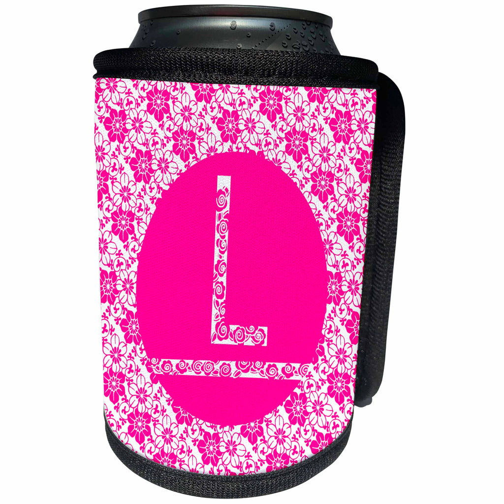 3dRose Russ Billington Monograms - Hoy Pink Girly Floral Monogram Letter L - Can Cooler Bottle Wrap (cc_241345)