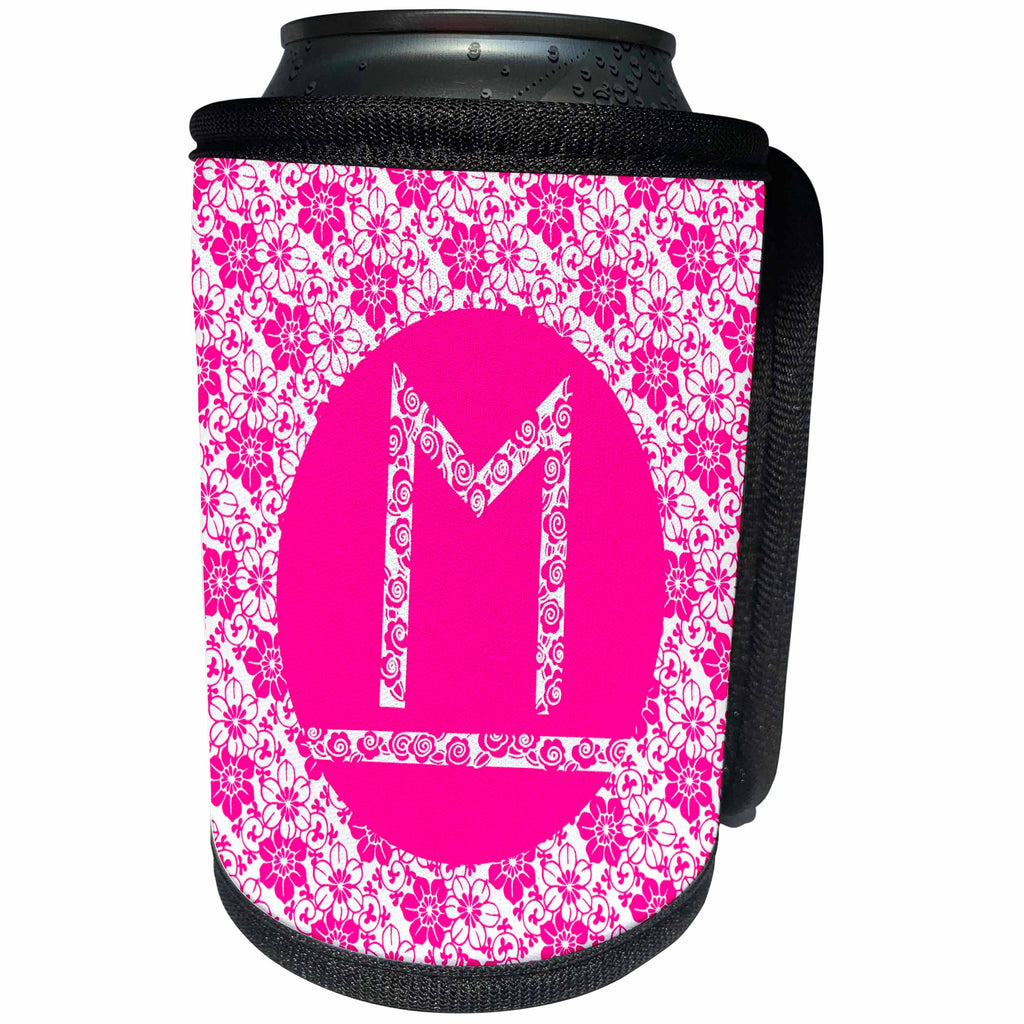 3dRose Russ Billington Monograms - Hoy Pink Girly Floral Monogram Letter M - Can Cooler Bottle Wrap (cc_241346)