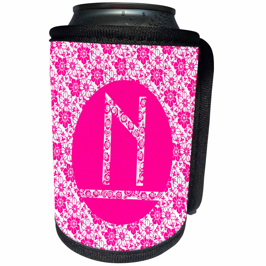 3dRose Russ Billington Monograms - Hoy Pink Girly Floral Monogram Letter N - Can Cooler Bottle Wrap (cc_241347)