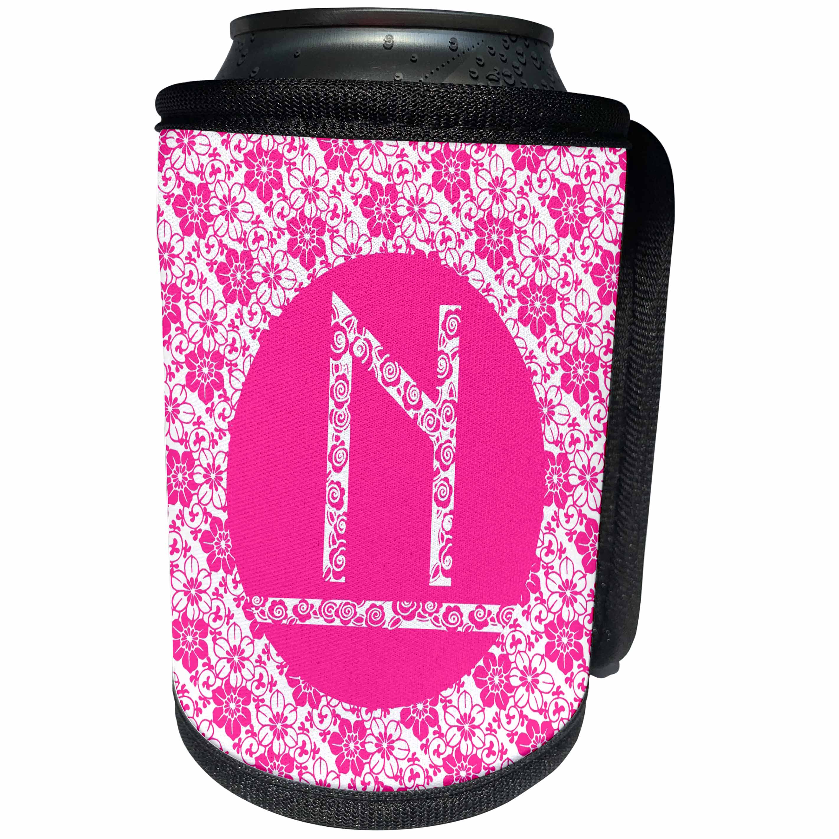 3dRose Russ Billington Monograms - Hoy Pink Girly Floral Monogram Letter N - Can Cooler Bottle Wrap (cc_241347)